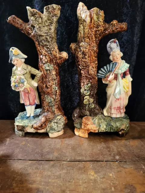 PAIR 19thC Victorian Majolica Pottery Stump French Figural Spill Vases Austria