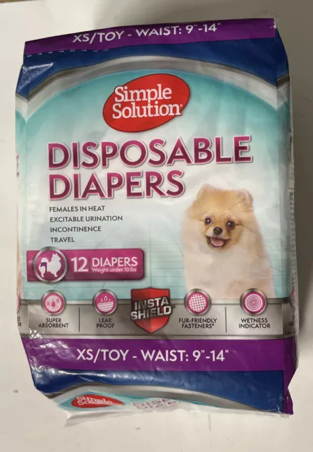 12 Pack. SIMPLE SOLUTION DISPOSABLE DIAPERS XS/Toy. Waist:9”-14”. InstaShield. D