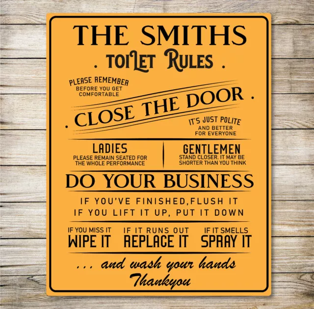 Personalised Toilet WC Sign Metal Wall Door Signage Washroom Rule Vintage Plaque