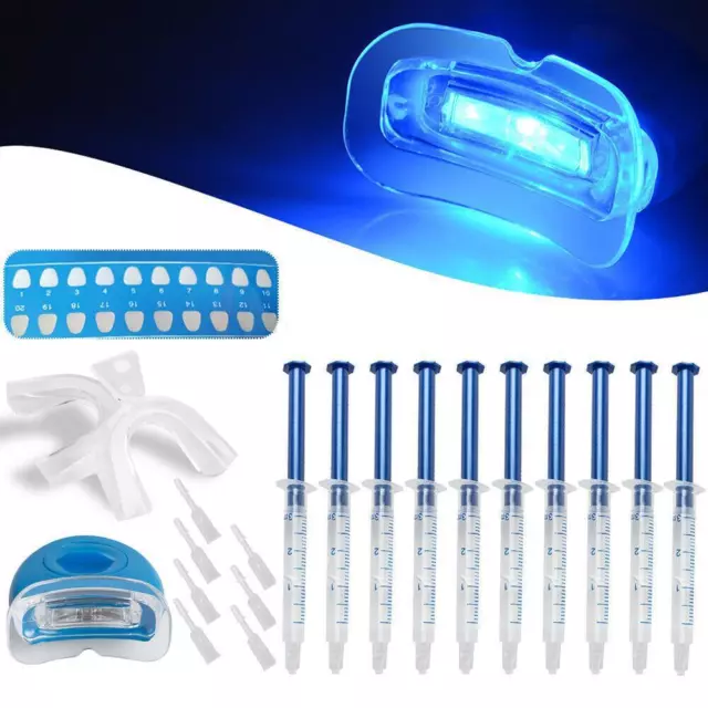 10 Gels Dental Teeth Whitening Kit + 2 Trays + 1 White LED Light + 1 Shade Guide