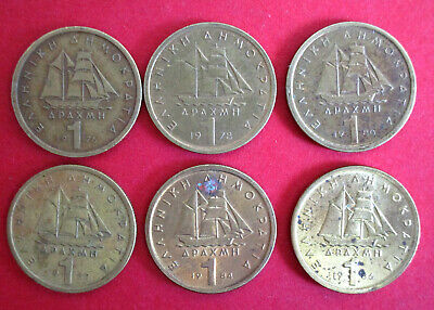 Greece  Scarce Full Set Of Si X One Drachma Coins  1976 - 1986  Head Of Karanis