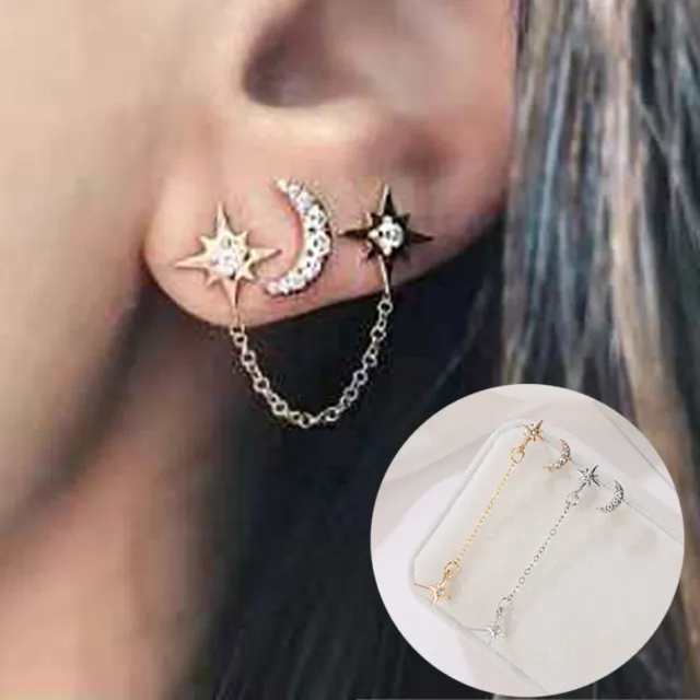 Women Double Star Moon Earrings Gold Stainless Steel Earrings Set Jewelry