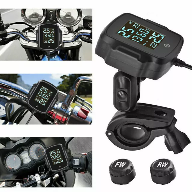 TPMS Motorrad Reifendruck Kontrollsystem mit 2 externen Sensoren USB Ladegerät