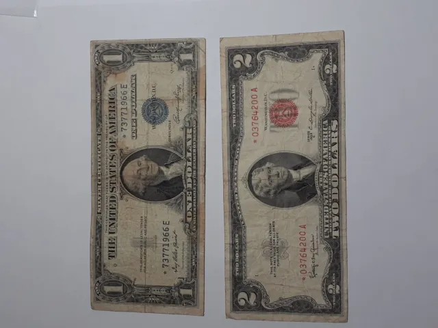 2 Pc. Starnotes ( 1935-E Blue Seal $1, 1953-C Red Seal $2)  Circulated