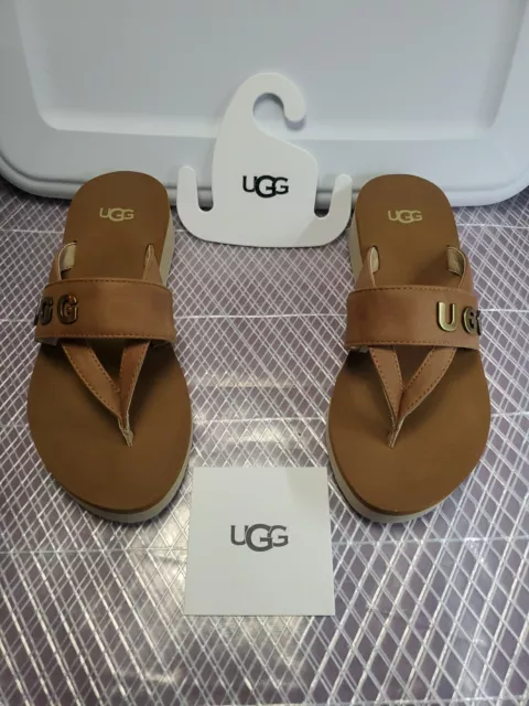 UGG Womens Size 6 Luna Logo Charm Brown Fog Wedge Flip Flop Thong Sandals