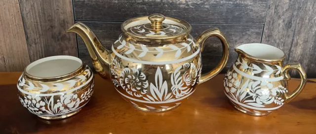 Sadler Gold Lustre Teapot Set Sugar Basin Milk Jug Floral Pattern