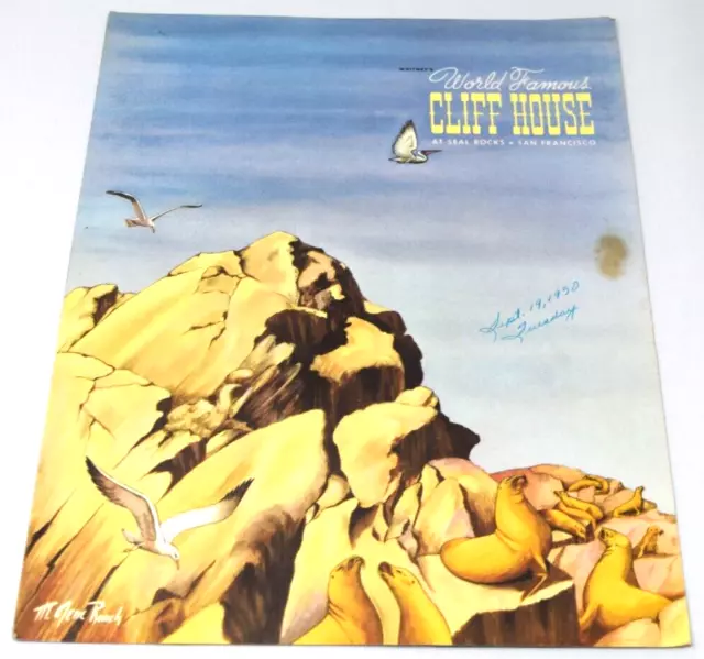 1950 Menu Whitney's World Famous Cliff House Seal Rocks San Francisco Gene Roach