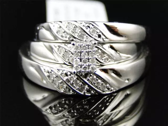 10K Mens and Ladies White Gold Diamond Engagement Bridal Wedding Ring Trio Set
