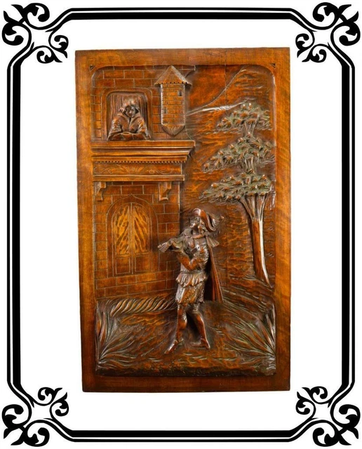 Vintage French Antique Carved Wood Panel Romantic Scene 19th