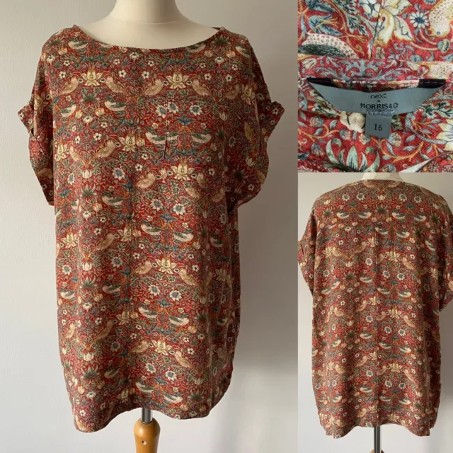 Next x William Morris Terracotta Red Brown Floral Bird Print Top Blouse Size 16