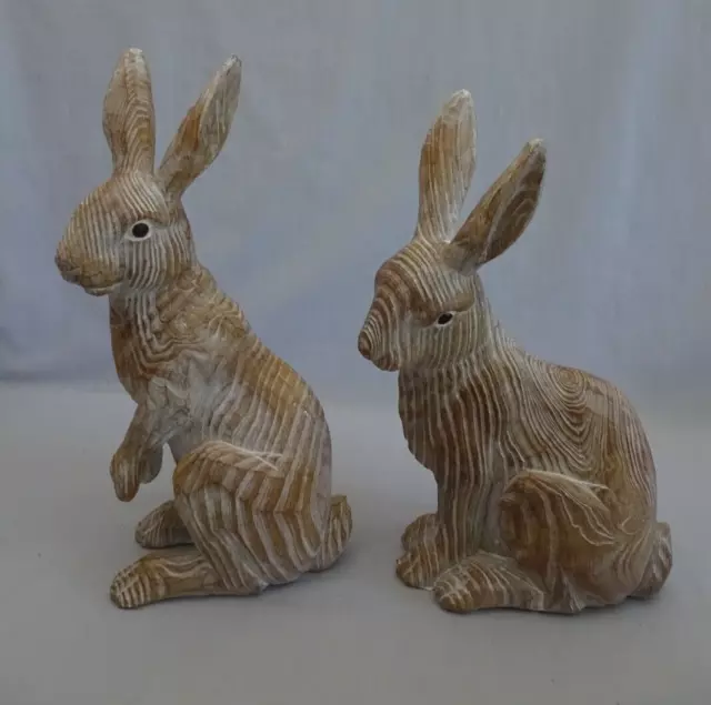 Pair 2 Carved Wood Look Bunny Rabbit Statue Porch Decoration 13.5" Tall Cottage