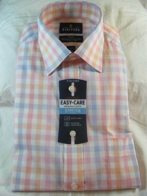 NWT STAFFORD EASY CARE BROADCLOTH STRETCH COMFORT DRESS SHIRT Pink Coral Check