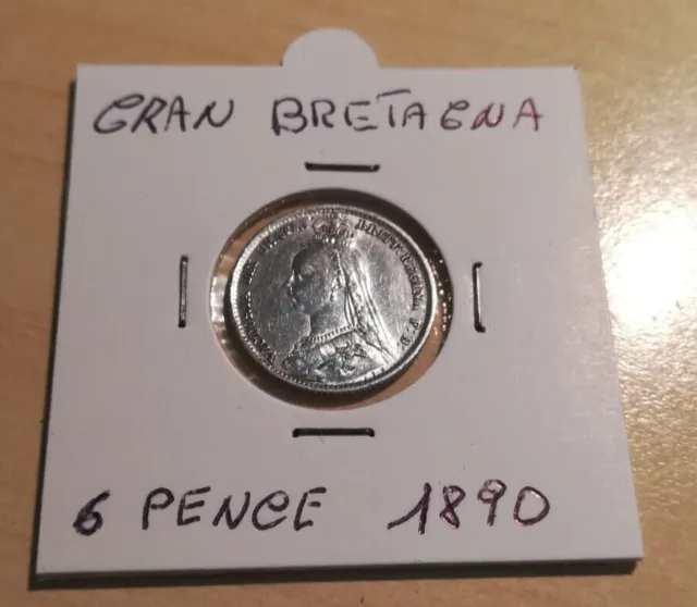 Gran Bretagna 6 Pence 1890 Regina Victoria Argento Moneta Splendida