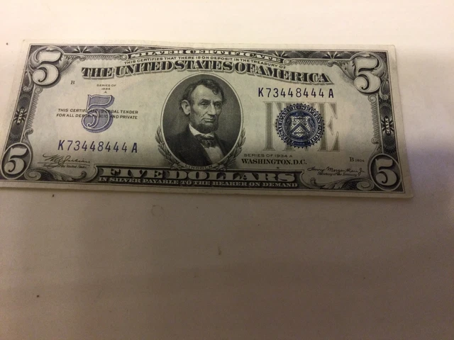 1934A Blue Seal $5.00 Silver Certificate In Crisp  Condition