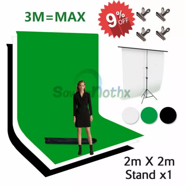 3M Green Screen Photo Backdrop Stand Kit Black White Background Studio +4 Clips