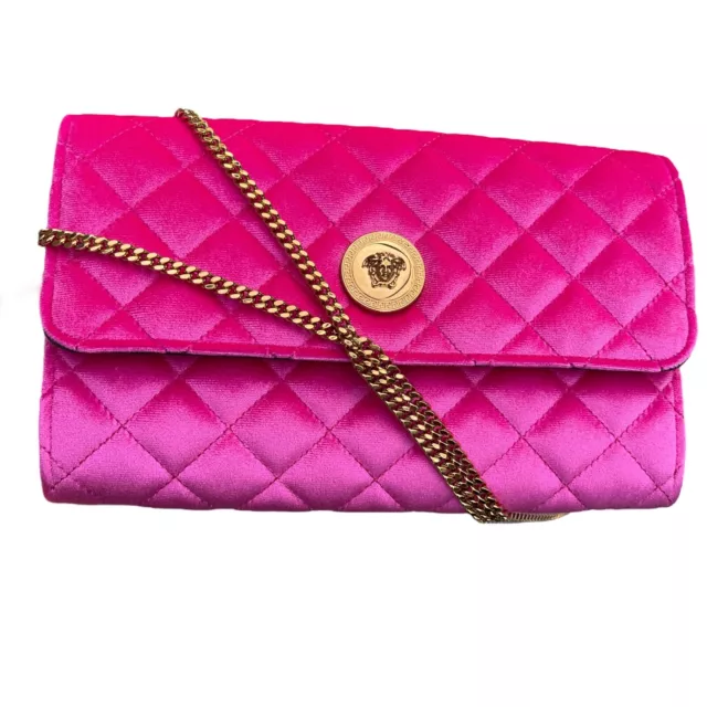 Versace La Medusa Quilted Velvet Clutch Crossbody On Chain Hot Pink, DBSI 1598