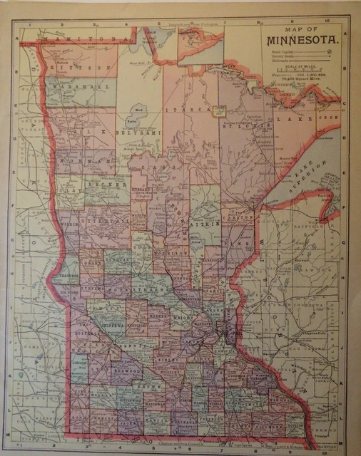 Vintage 1889 Wisconsin Minnesota Map From Peerless Atlas of The World