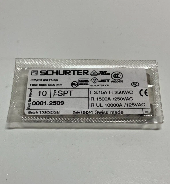 10 SCHURTER Ceramic Slow Blow Fuses NEW SPT 5 x 20 mm - 3.15A 250VAC - 0001.2509 10 SCHURTER Ceramic Slow Blow Fuses NEW SPT 5 x 20 mm - 3.15A 250VAC - 0001.2509