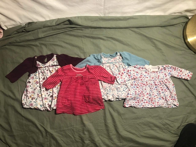 Baby Girl 0-3 Months 4 Dresses Bundle Long Sleeve Flowers & Stripes George
