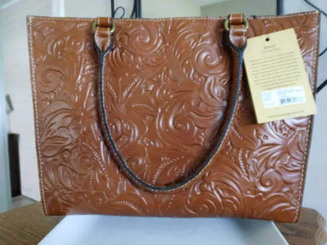 Patricia Nash Zancona Tooled Brown Leather Tote With Reiti Wallet Brand NWT $308