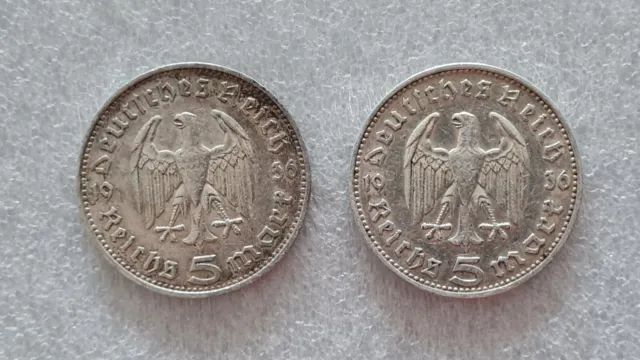 2 mal 5 Reichsmark 1936 J und F Paul von Hindenburg