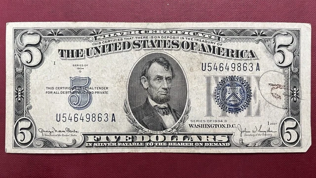 1934 D Five Dollar Silver Certificate $5 Bill Blue Seal Note Circulated #59017