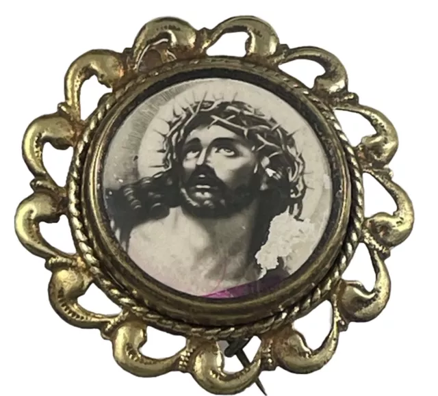 Pin de medalla religiosa vintage católico Jesús corona de espinas, Checoslovaquia