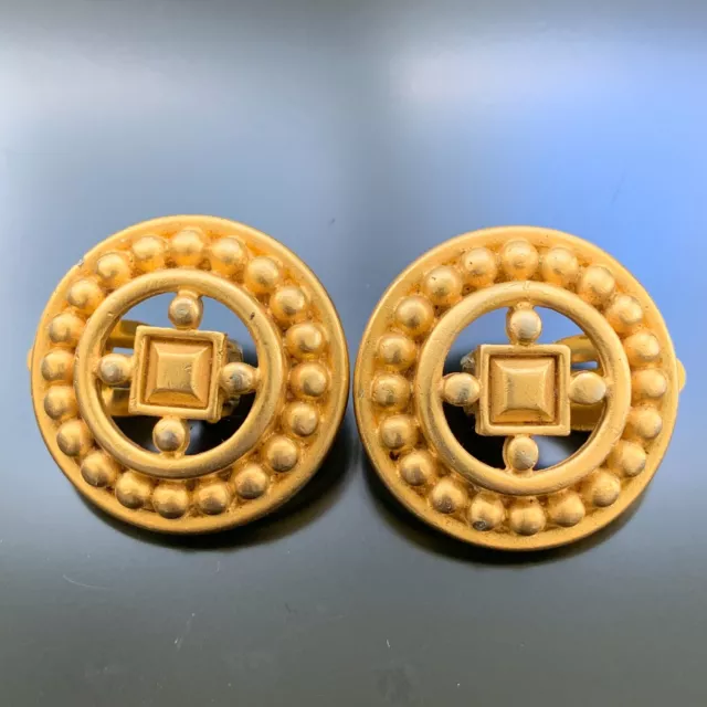 Givenchy Vintage Clip On Earrings Brushed Gold Button Signed 80s Chunky 1.25"