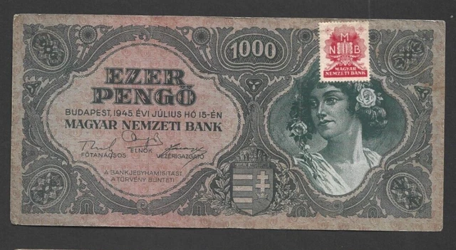 1000 PENGO VERY FINE  BANKNOTE HUNGARY  1945  PICK-118b WITH STAMP