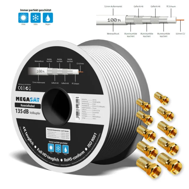 100m Koaxialkabel Reines KUPFER 135dB VOLLKUPFER 5-fach geschirmt Koax Sat Kabel