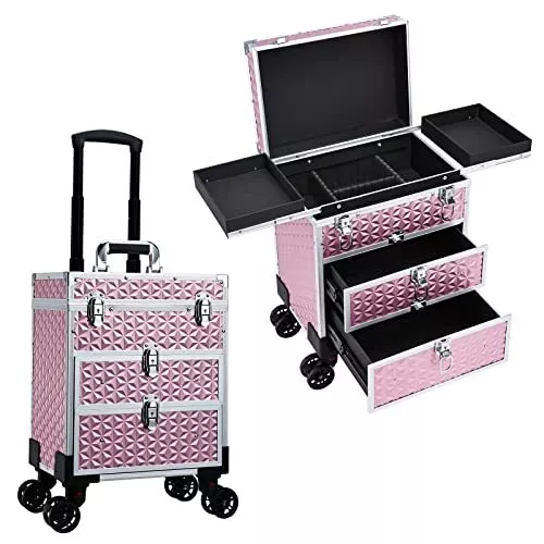 FRENESSA Professional Rolling Makeup Case Aluminum Trolley Train Case with Wh...