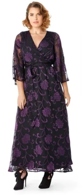 Mynt 1792 Size 2X Black & Purple Devore Floral Wrap Lined Maxi Dress. Full Skirt