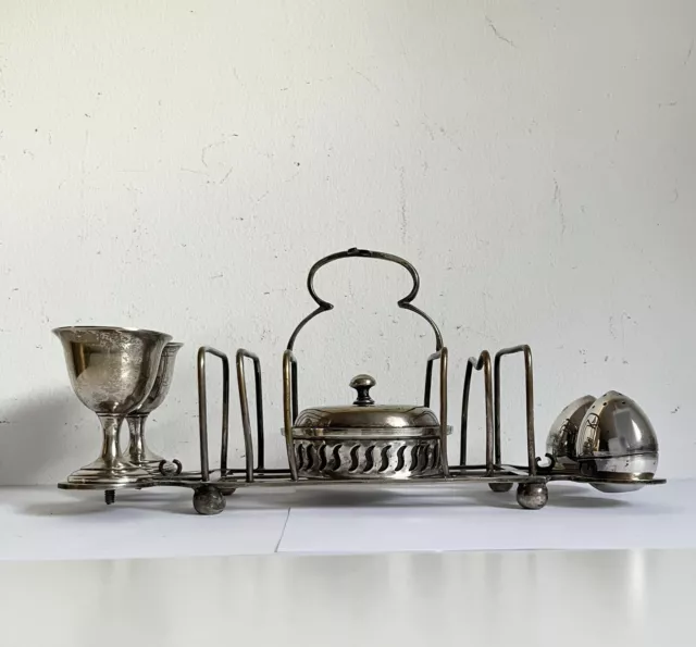 Antique Silver Plated Cruet Set/ Salt Pepper Shaker Toast Rack Egg Cup Holder