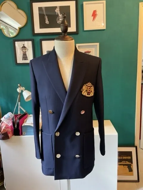 Balmain Navy Blue Double Breasted Blazer with  BALMAIN LOGO SIZE 48