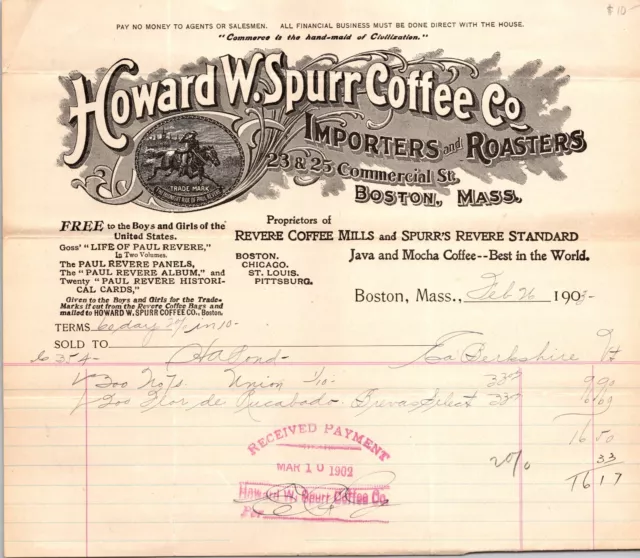 Howard W Spurr Coffee Co Boston MA 1903 Billhead Revere Coffee Mills