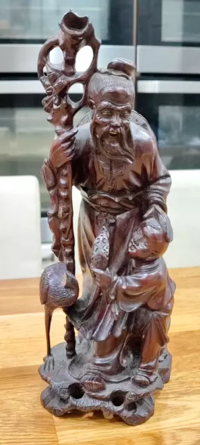 Vintage Shou Lao Xing Carved Rosewood Sculpture Of The God Of Longevity