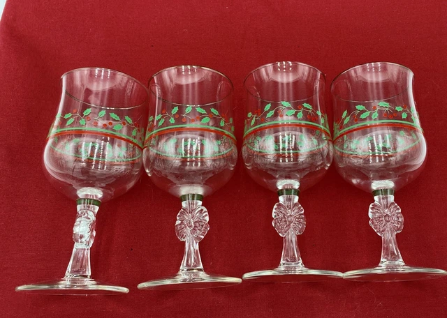 4 Vintage 1987 Arbys Christmas Holly Berry Glasses Wine Goblets Gold Rim L3