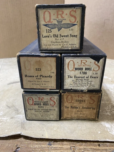 Vintage 1920s 5 QRS Player Piano Rolls