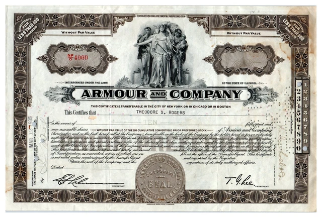 1935 Armour and Company Prior Preferred Share Certificate Chicago IL Meatpacking