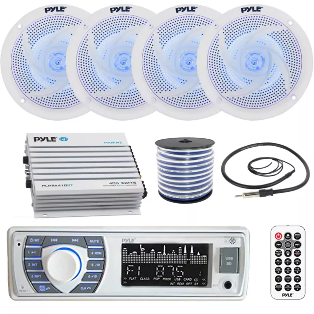 Pyle Single DIN Marine Receiver, 4x 6.5'' LED Speakers, Wire, Amplifier, Antenna