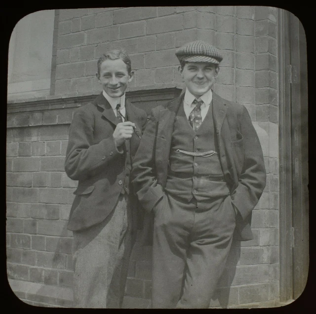 ANTIQUE Magic Lantern Slide PAIR OF YOUNG MEN C1890 VICTORIAN PHOTO