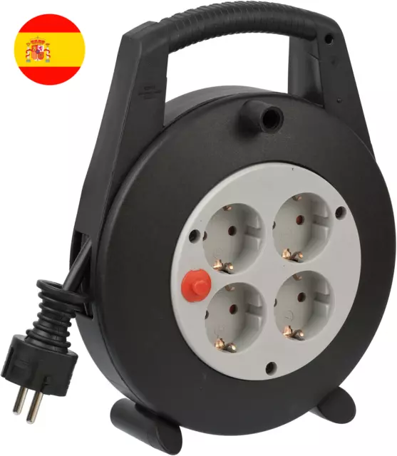 Alargador enrrollable de 5 metros con 4 enchufes. Compacto y con cable largo.