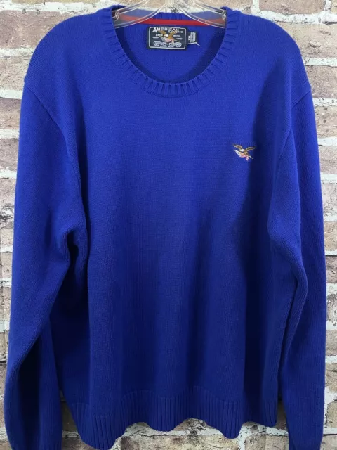 American Living Men's Sweater XXL Royal Blue embroidered Eagle flag crew neck