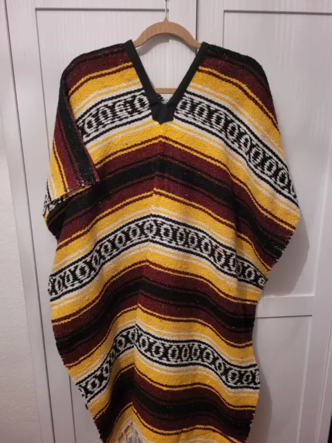 Mexican Poncho Authentic Handmade Unisex - Yellow/Burgundy/Black/White Pattern