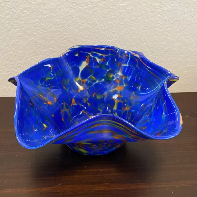 Hand Blown Bowl Studio Art Glass Vase Vessel Murano Style Ruffle Edge 6”h X 12”w