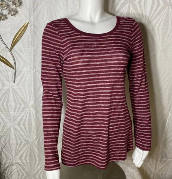 Splendid | Cranberry Red Women’s Striped U-Back Knit Top Long Sleeve SZ Medium