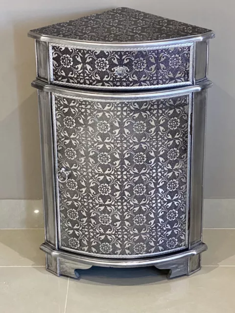 Blackened Silver Metal Embossed Corner Cabinet  1 Drawer 1 Door Table Side Table