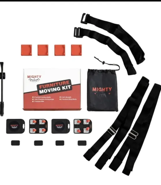 Mighty Movers Furniture Moving Kit 4 WHEELS/PADS/BLOCKS/Set Lifting Straps/Tool