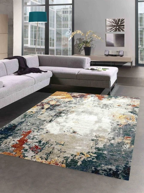 Tapis Moderne Couloir Salon Carreaux Design Abstrait en Gris Bleu Vert