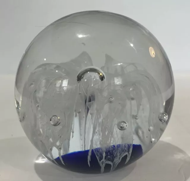 Art Glass Paperweight White Flower Cobalt Blue Base Controlled Bubbles 3”